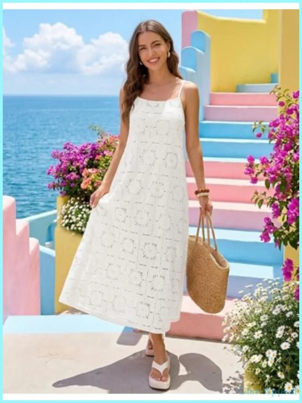 Sleeveless Lace Eyelet Boho Beach Maxi Dress with Pockets
